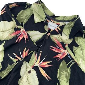 Tommy Bahama Mens Silk Hawaiian Shirt Bird of Paradise Black Floral Print XXL T